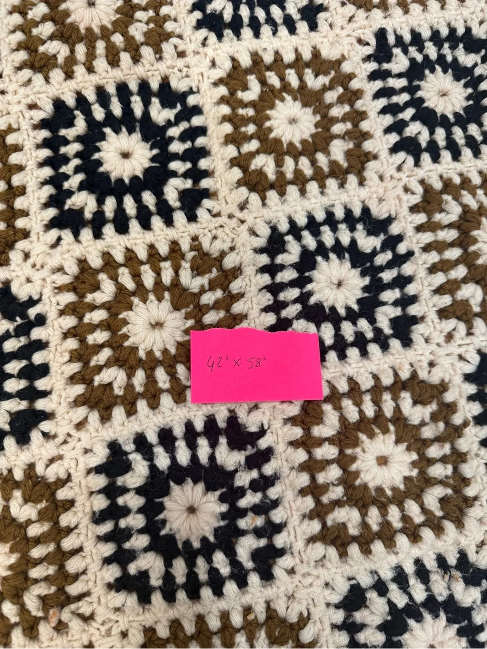 Handmade Crocheted Throw Blanket in Cream, Brown, and Black